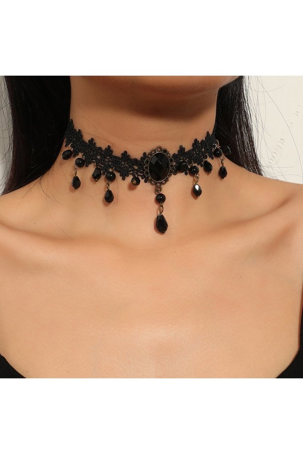 Black Vintage Classic Gothic Black Lace Choker Necklace with Imitation Crystal Pendant Charm for Wom