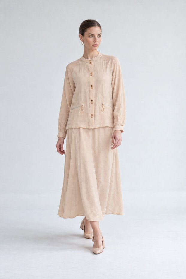 Beige Two-Button Skirt Suit with Buckle Detail