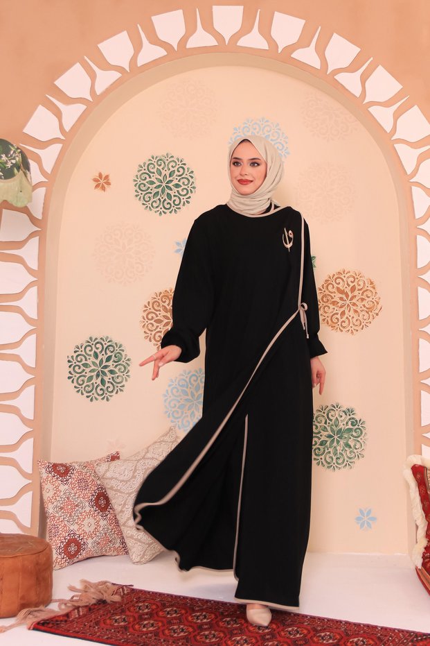 Hijab Dress Ferace Black Elif Vav Embroidered Snap Fastener Ribbed Medina Silk