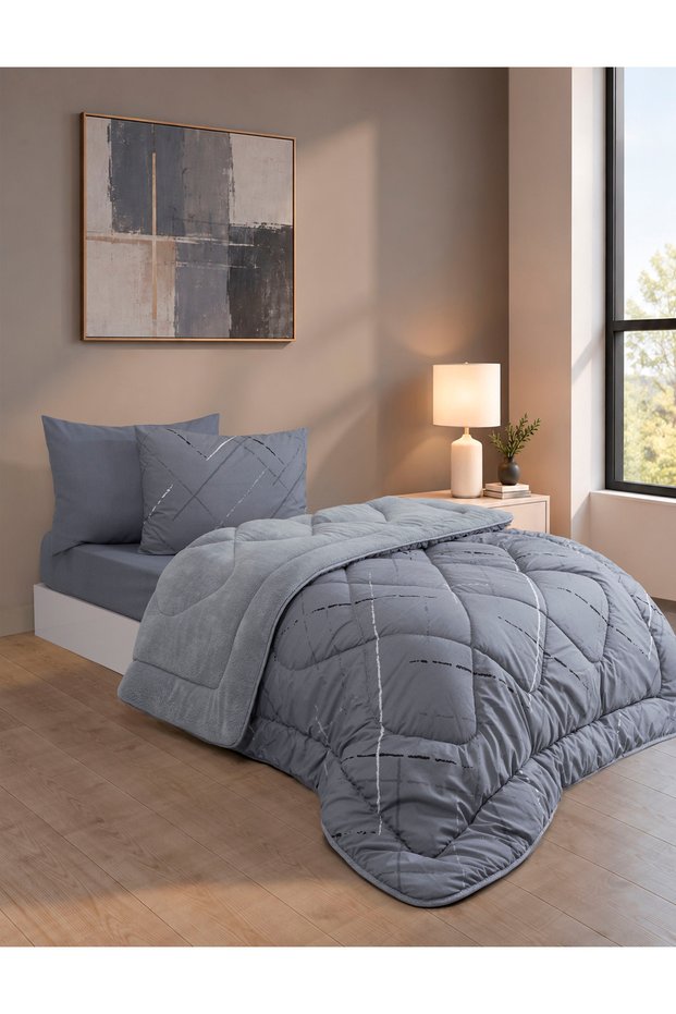 Single-Person Set: Reversible Plush Welsoft Fleece Puff (Duvet + Fitted Sheet + 2 Pillowcases)