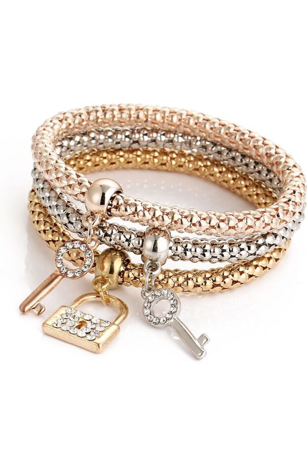 5 3Pcs Fashion Heart Bracelet Set For Women Crystal Owl Lock Key Music Sign Butterfly Elephant Charm