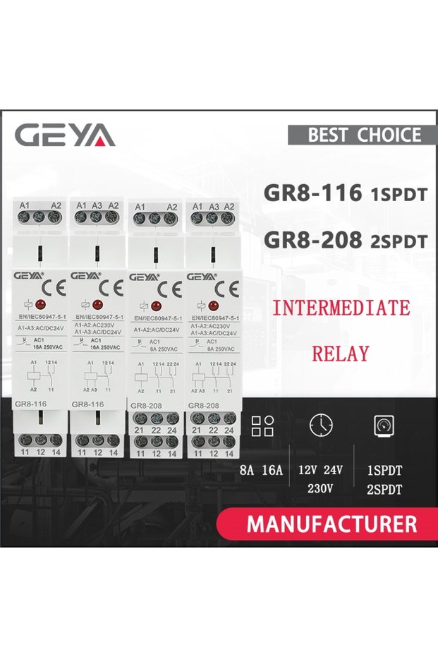 16A 1SPDT(116) ACDC24V GEYA Din Rail Type GR8 AC DC 12V 24V 230V Switch Relay Intermediate Relay Aux