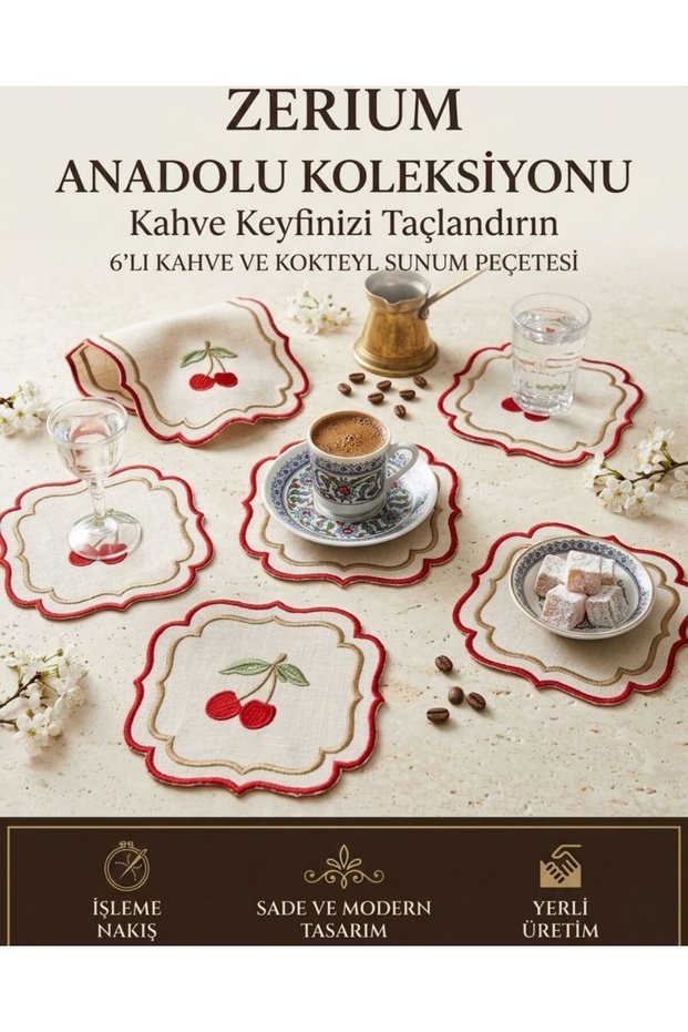 Premium Set of 6 Cocktail and Coffee Coasters with Cherry Motifs and Gold Embroidery