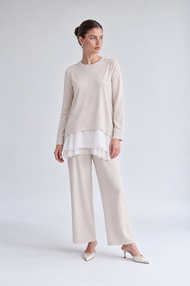 Beige Tunic Set with Chiffon Details and Buckle Detail