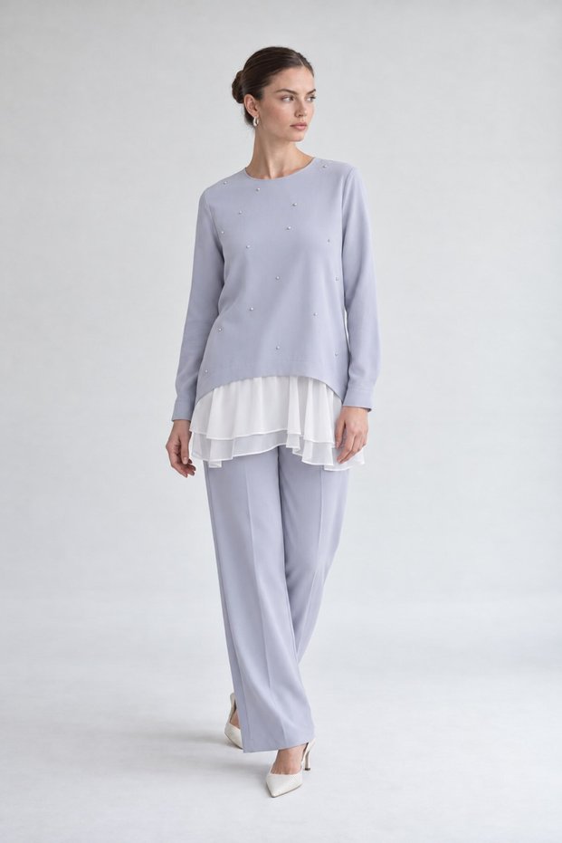 Chiffon-Detailed Tunic Set, Gray