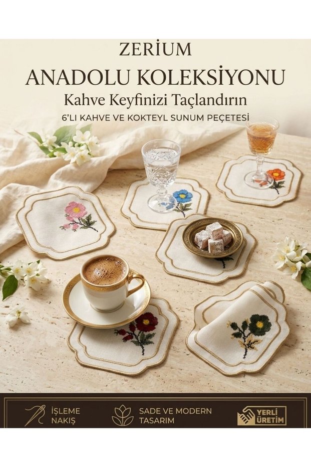 Premium Set of 6 Cocktail and Coffee Coasters with Colorful Flower Embroidery 02