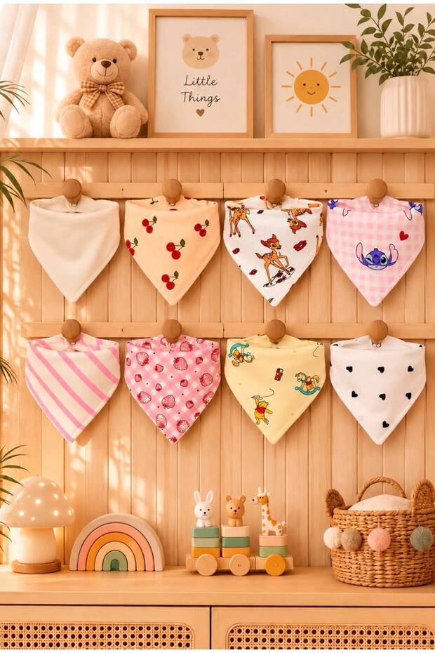 (8 Pcs) 100% Cotton Fabric Double Layer Snap Fastener Baby Drool Bib & Scarf - Baby Girl Mix