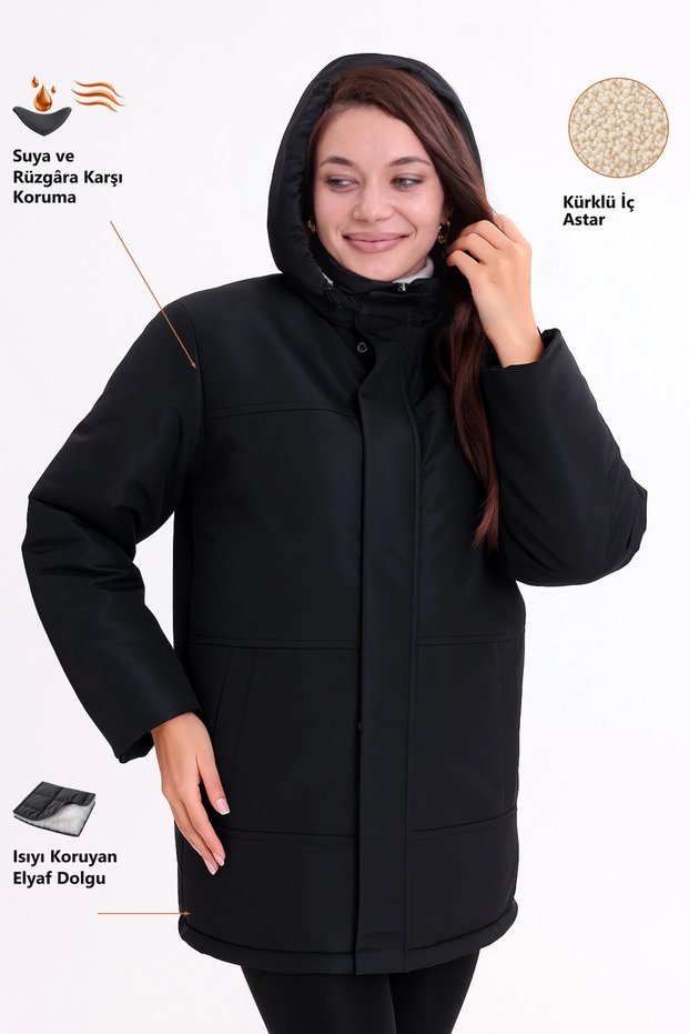 Women's Black Fur Removable Hood Water and Windproof Hooded Winter Regular Coat & Jacket & Parka