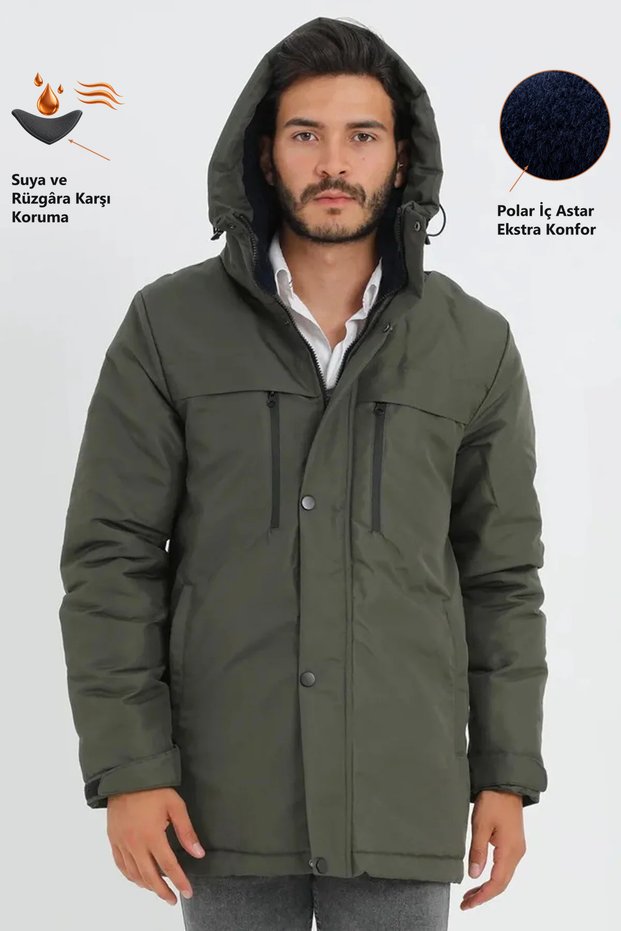 Sports Men's Khaki Fleece Inside Water and Windproof Hooded Coat & Coat & Parka