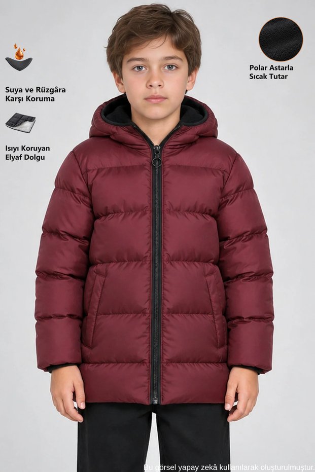 Boy's Burgundy Fleece Hooded Waterproof Wind Resistant Pocket Puffer Winter Coat