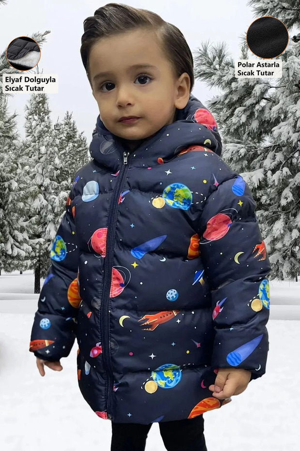Boy's Fleece Hooded Planet Star Patterned Winter Puffer Jacket & Coat & Parka