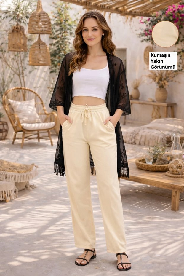 Women's High Waist Gabardine Fabric Wide Leg Comfortable Fit Summer Yellow Trousers