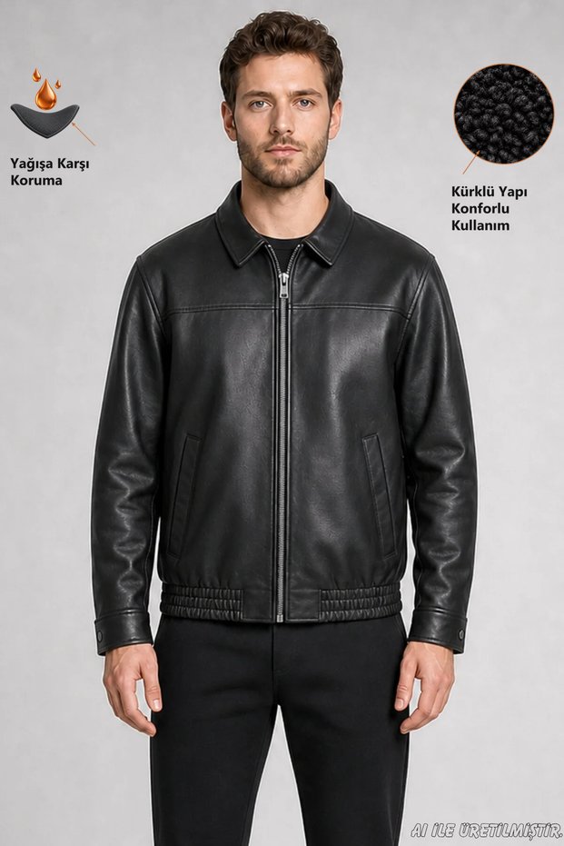Men's Black Fur Collared Comfortable Fit Leather Jacket