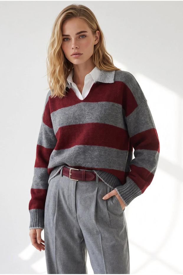Women's Burgundy Smoked Contrast Collar Polo Collar Knitwear Sweater Kzk-19001187