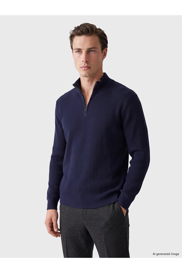 Ozmarka New Season Navy Blue Stand Collar Men's Knitwear Sweater