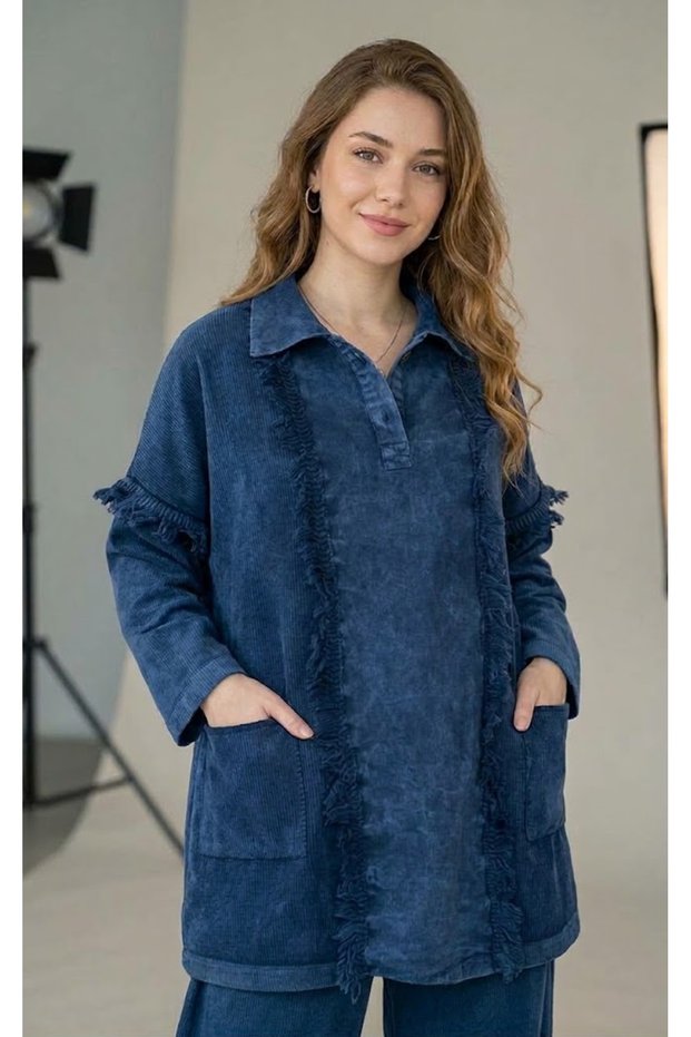 Women's Shirt Collar Gabardine Fabric and Vintage Detail Oversize 100% Cotton Knitwear Sweater Tunic