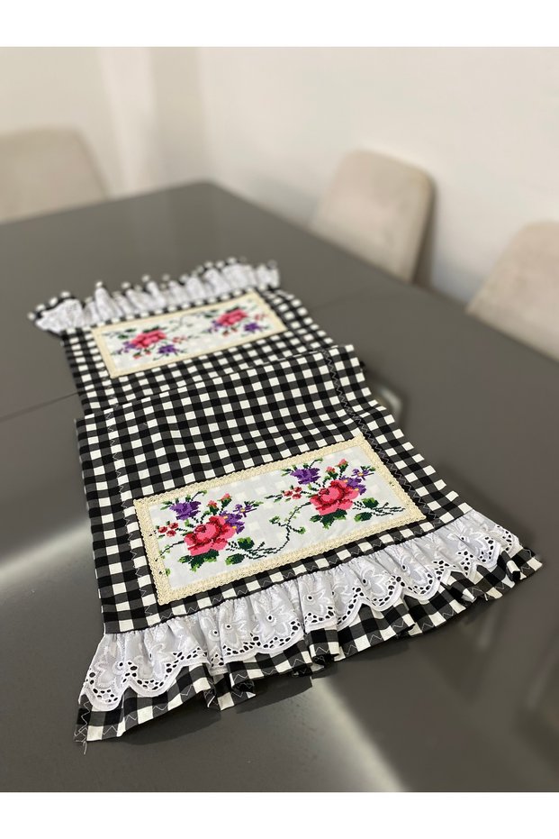 Black Gingham Cross-Stitch Embroidered Scalloped Runner
