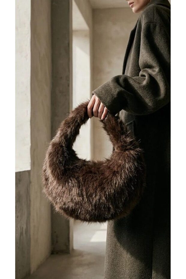 Brown Plush Women's Handbag, Soft Faux Fur Lined Mini Shoulder Bag, Bzeldr05.