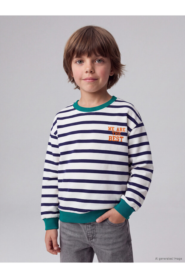 Peak New Season Navy Blue Boys' Striped Thick Sweatshirt