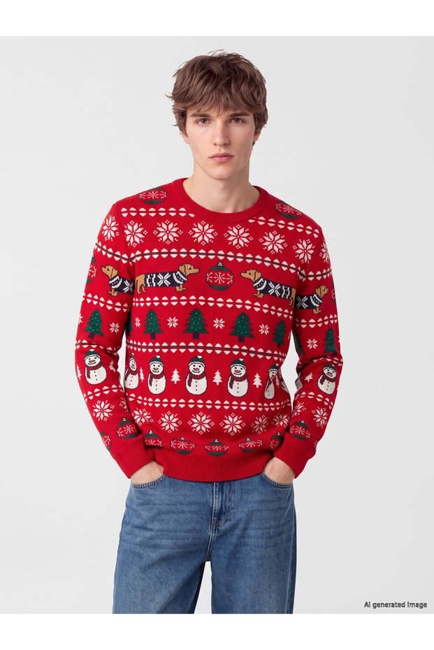 Ozmarka New Season Red Christmas Themed Men's Knitwear Sweater