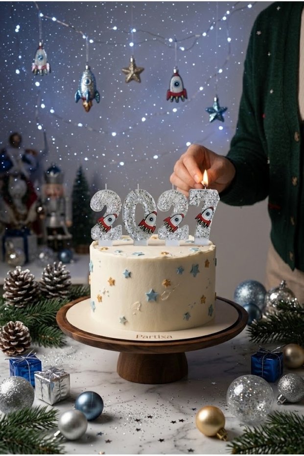 2027 New Year Special Rocket Figured Glittery Silver Number Cake Candle Set Saremset