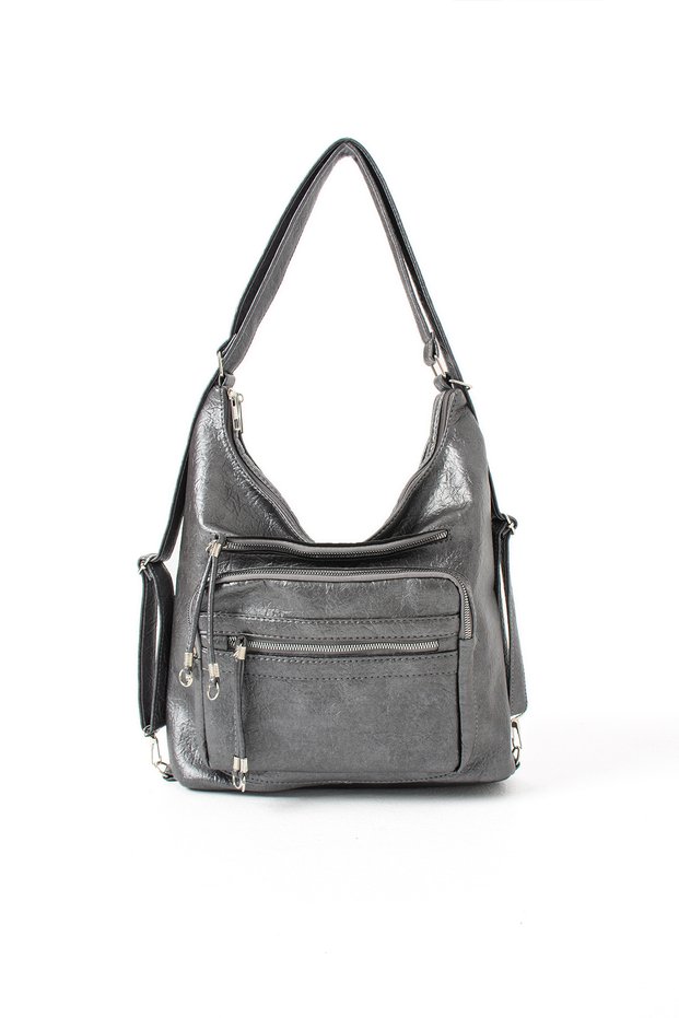Gray Soft Leather Stylish and Convenient Multi-Compartment Large Size Backpack, Shoulder Bag and Crossbody Bag Three-In-One Women's Bag