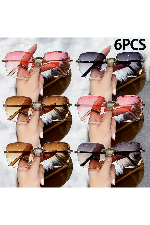 6PCS 4PCS Square Rimless Sunglasses Women Luxury Brand Designer Summer Red Glasses Fashion Sun Glass