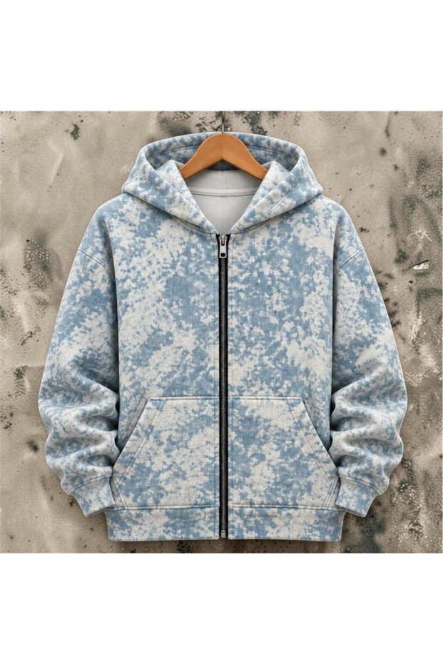 Unisex Batik Pattern Lined Zippered Hooded Sweatshirt Seasonal Jacket