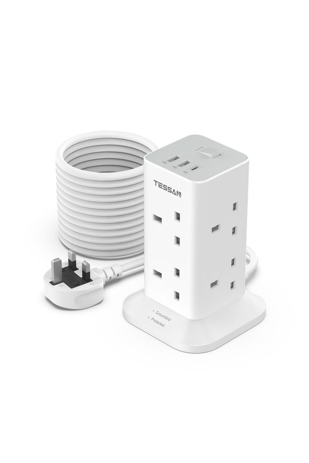 كابل تمديد كهربائي بطول 3 أمتار مع 3 منافذ USB، قابس متعدد المنافذ بـ 8 مخارج مع مفتاح تشغيل