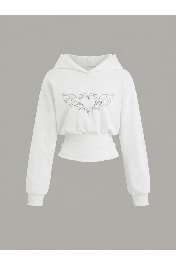 Women's Oversize Crystal Stone Printed Short Hooded Crop Sweatshirt