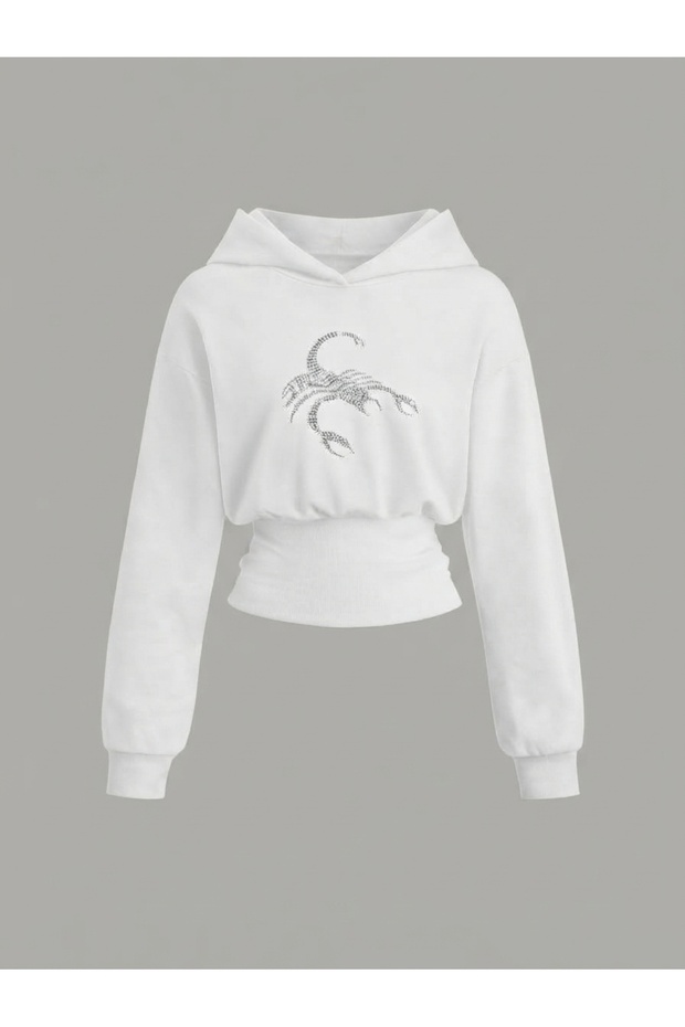 Women's Oversize Crystal Stone Printed Short Hooded Crop Sweatshirt