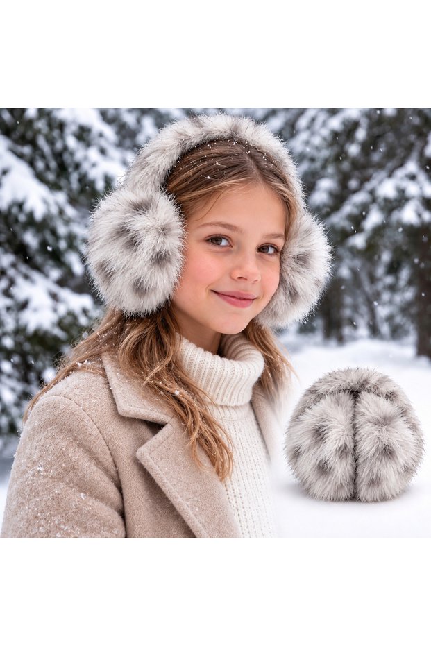 Gray Young Girls' Plush Earmuff Furry Winter Ear Warmer Protective Hat Cold-Proof Foldable