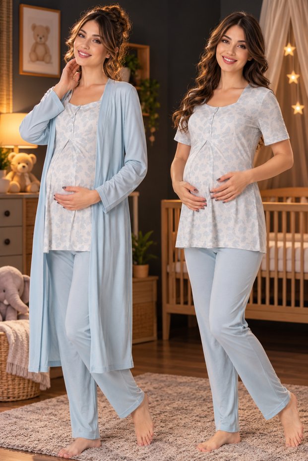 Maternity Pajama Set with Adjustable Elastic Waistband, 3-Piece Set, Effortt