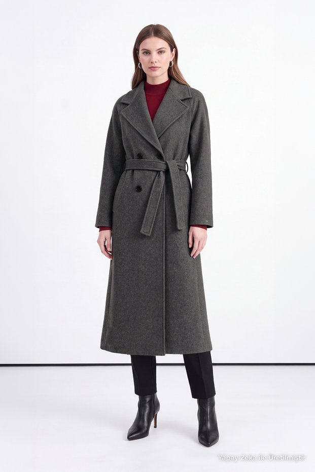 Double-Breasted Collar Belted Cashmere Anthracite Coat 12822