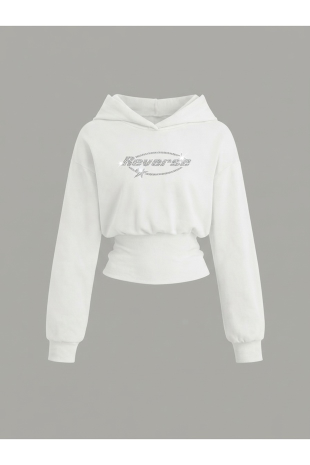 Women's Oversize Crystal Stone Printed Short Hooded Crop Sweatshirt