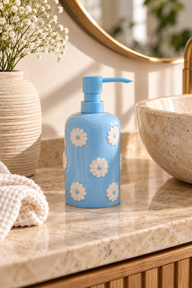 Daisy Patterned Pump Liquid Soap Dispenser – Embossed Decorative Bathroom and Kitchen Soap Dispenser – 4 Color Options
