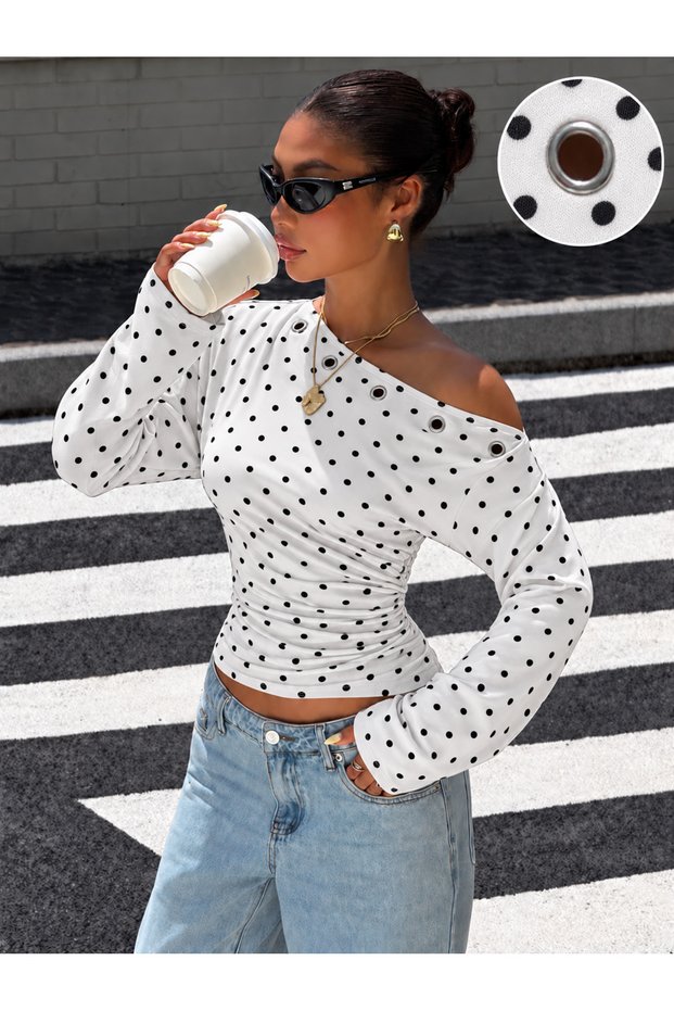 Patterned Women's One-Shoulder Asymmetrical Collar Draped Long Sleeve Blouse with Metal Accessories