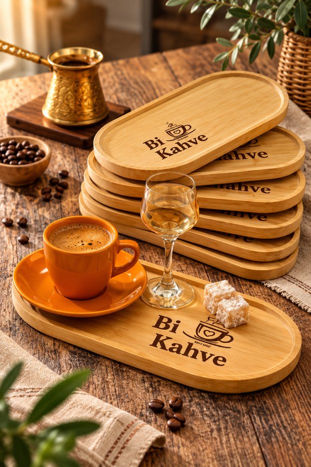 Bi Kahve 6-Piece Bamboo Presentation Tray Set Natural Wooden Coffee Tray
