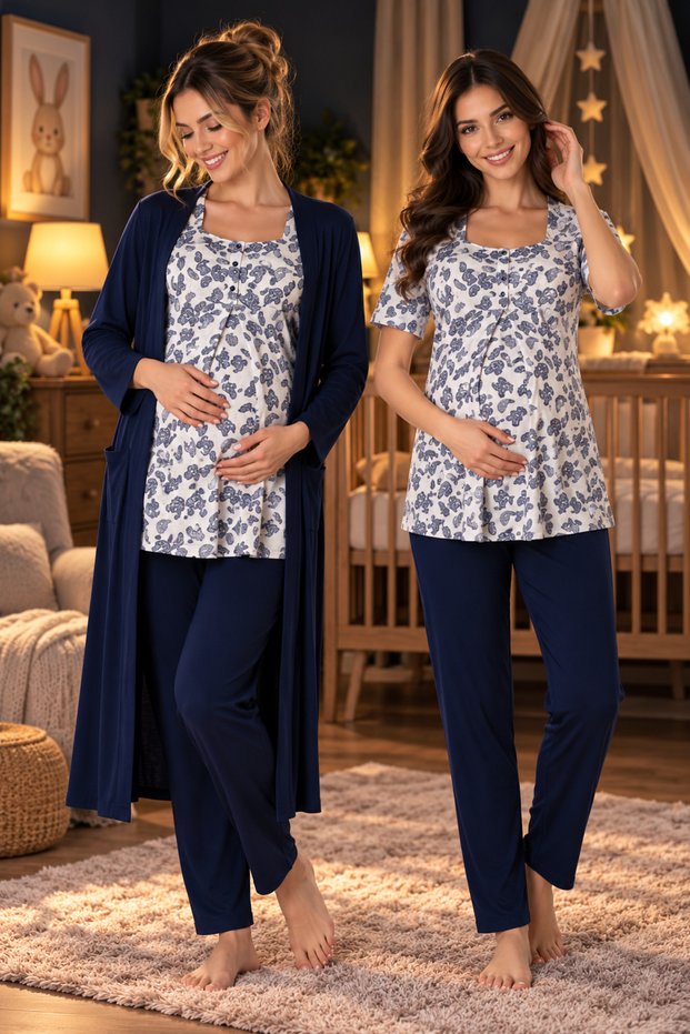Maternity Pajama Set with Adjustable Elastic Waistband, 3-Piece Set, Effortt