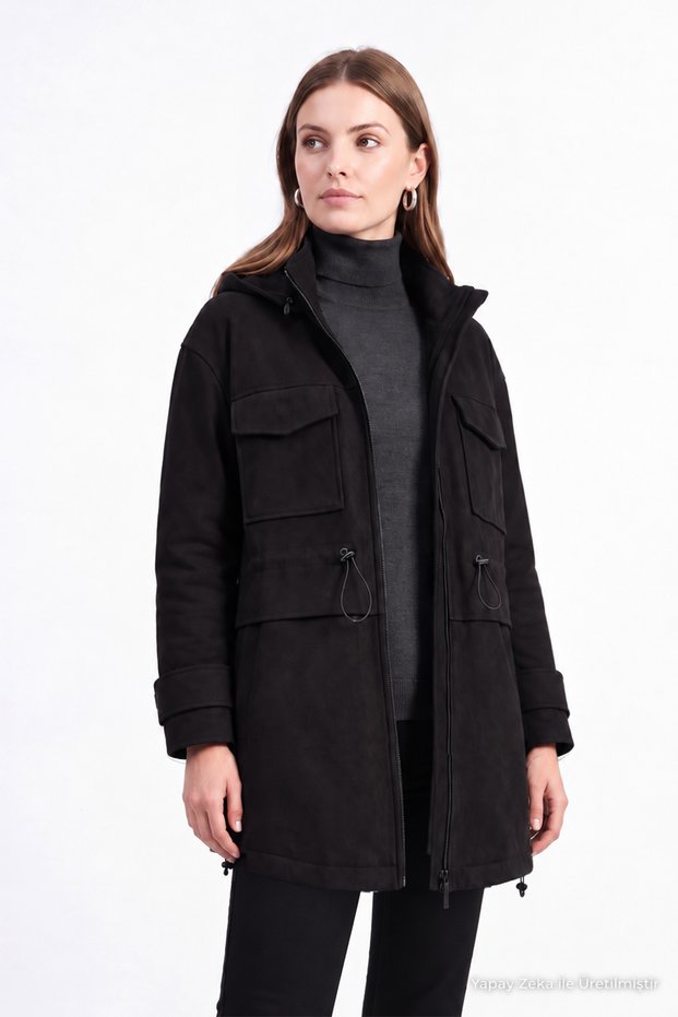Hooded Waist Adjustable Suede Black Jacket 0200