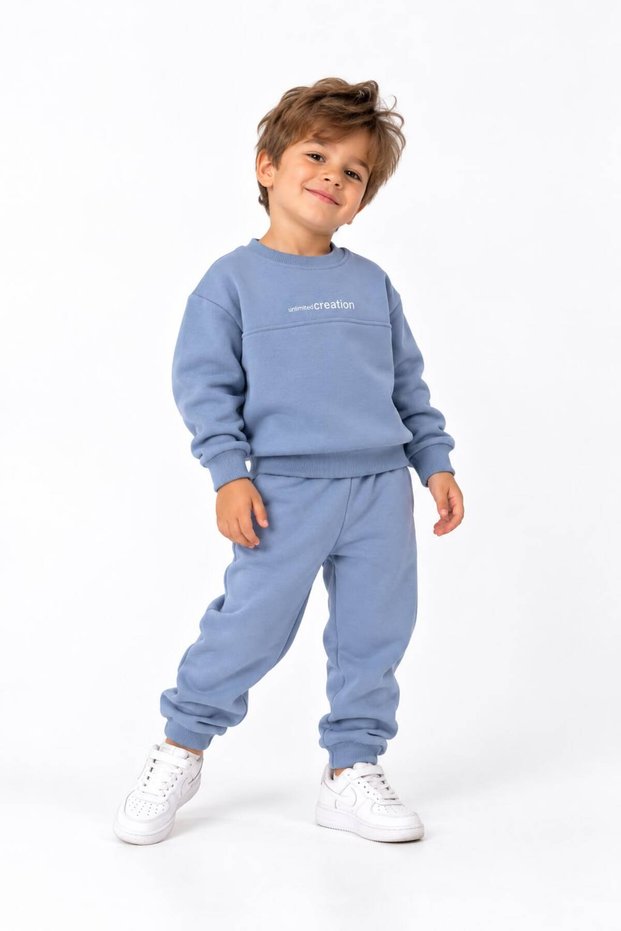 Simit Yaka Creation Printed Piecework Sweatshirt/Elastic Waist Sweatpants 3-Strap Drawstring Set