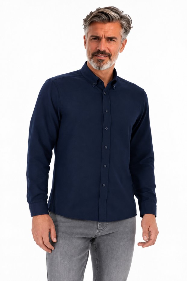 Men's Navy Blue Slim Long Sleeve Basic Shirt