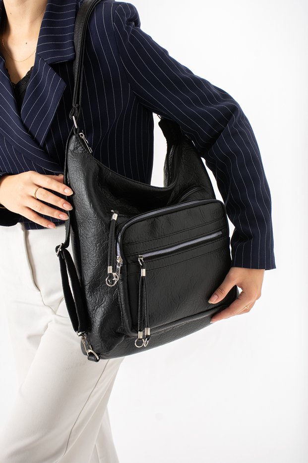 Black Soft Leather Stylish and Practical Large Multi-Compartment 3-in-1 Women's Backpack, Shoulder Bag, and Crossbody Bag