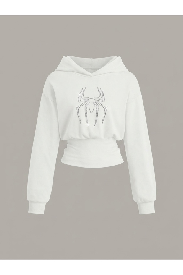 Women's Oversize Crystal Stone Printed Short Hooded Crop Sweatshirt