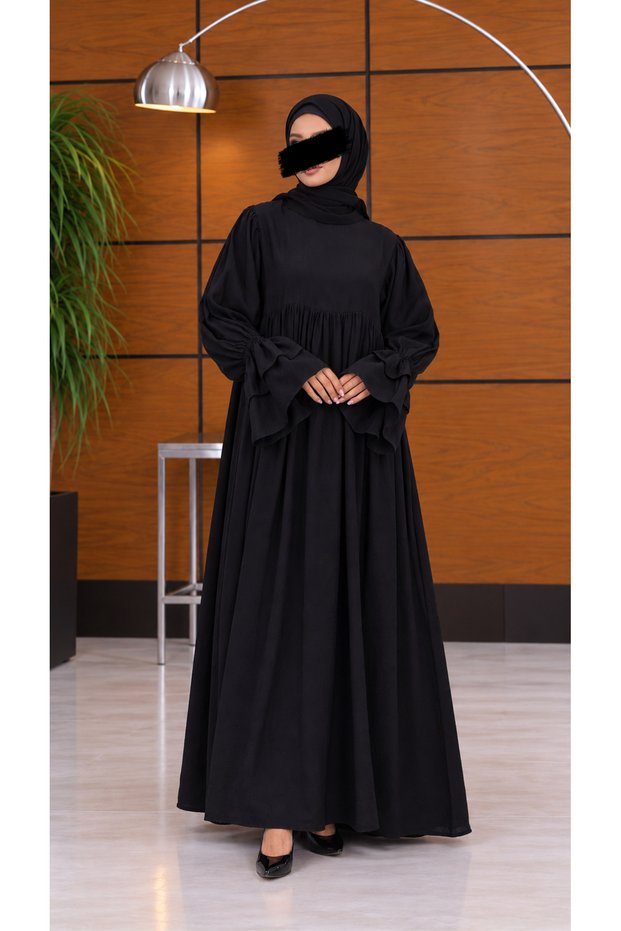 Black Modal Sleeves Two-Layered Hijab Dress