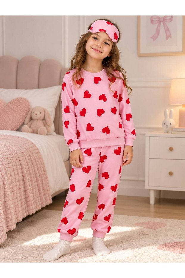 Girl's Cotton Fabric Pink Color Embossed Patterned Banded Long Sleeve Winter Pajama Set