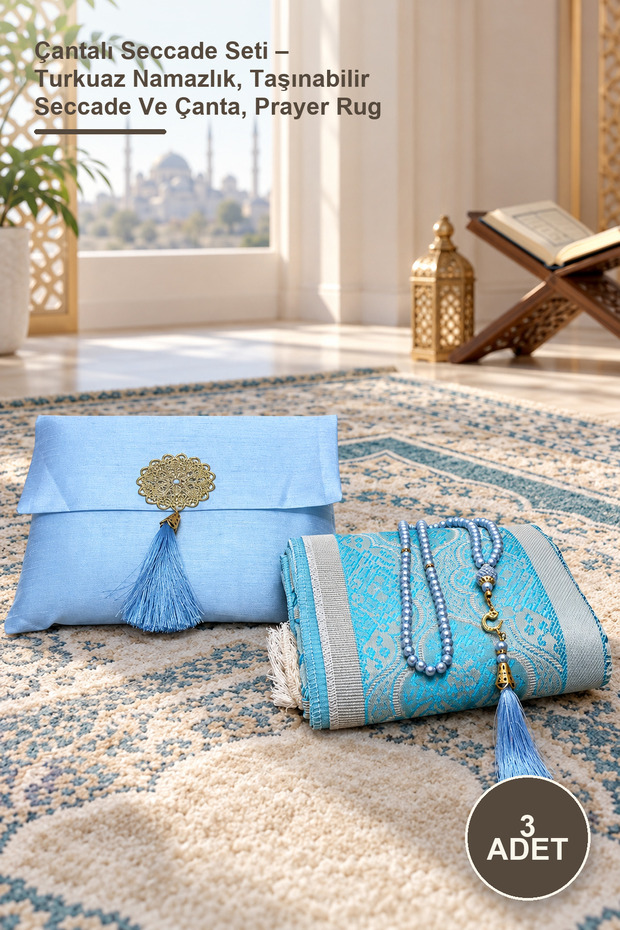 3-Piece Prayer Rug Set with Bag – Turquoise Prayer Rug, Portable Prayer Rug and Bag, Prayer Rug