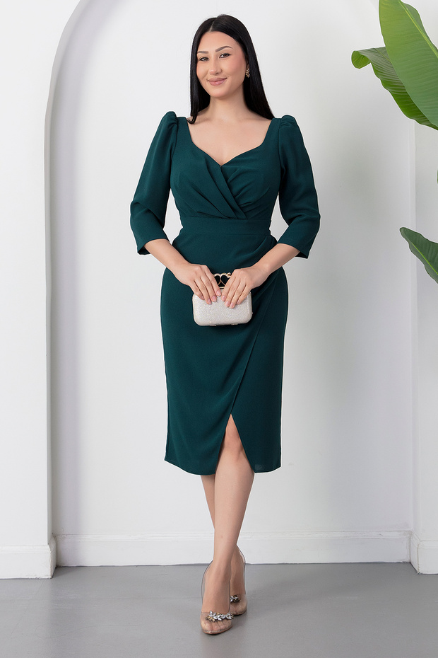 Double-Breasted Collar Capri Sleeve Crepe Dress Drp528