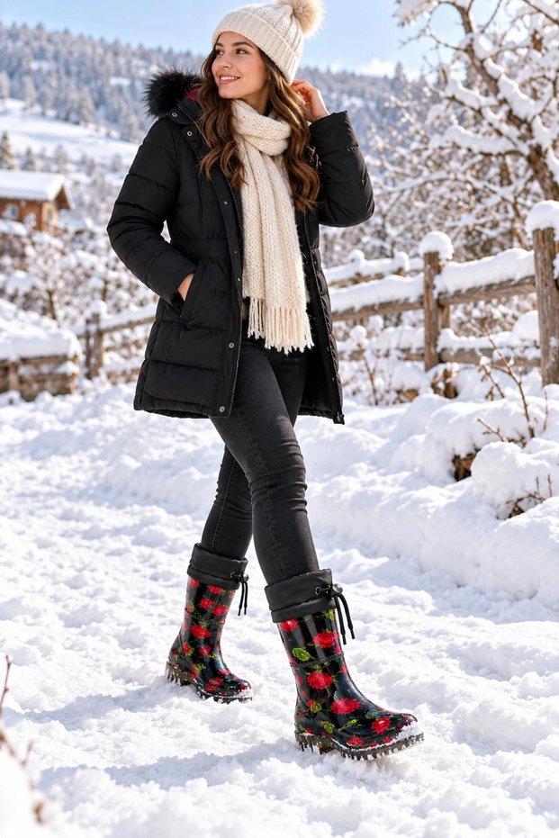 Plush Boots Women's Rain Boots with Red Rose Pattern 36-40