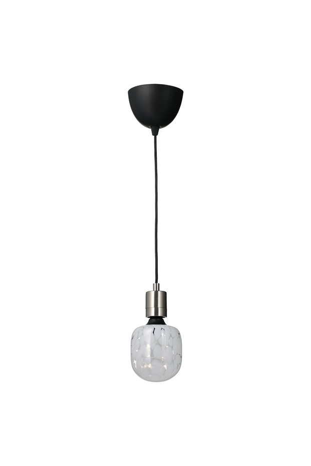 SKAFTET / MOLNART Pendant lamp with light bulb - nickel-plated/tube-shaped white/clear glass